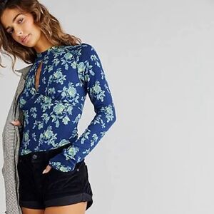 NWT Free People Dinner Party Floral Long Sleeves Mock Neck Retro Key Hole Chic